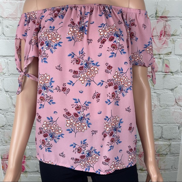 Pink Rose Tops - Pink Rose Floral Print Off Shoulder Small Blouse